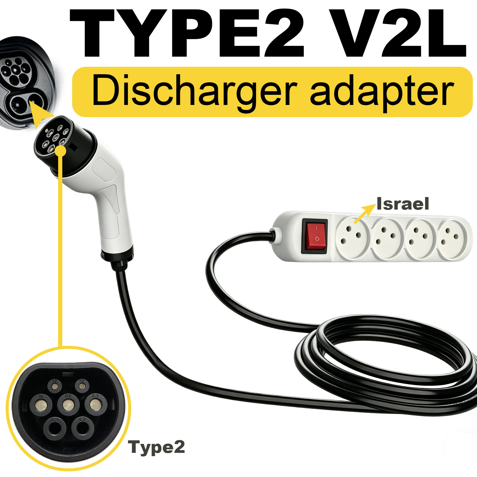 Outdoor Power Hub - Type2 V2L-ontladingsadapter Israëlische stekker EV naar
